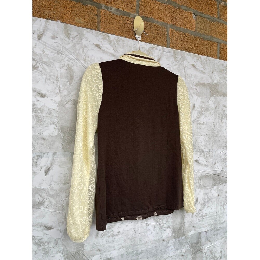 Coquette Core Axes Femme Brown & Cream Lace Blouse, Dainty Pearl buttons medium - Picture 8 of 12